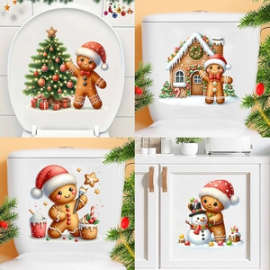 Stickers Muraux de Noël Bonhomme de Pain d'Épices Bonhomme de Neige Sapin Imperméables en PVC Stickers Décoratifs pour Toilettes Maison Salle de Bain Salon