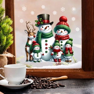 Close-up of Christmas snowman family and reindeer static window decals on glass