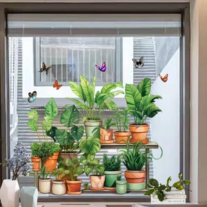 Static green plant potted stickers and butterflies for glass windows and home decor