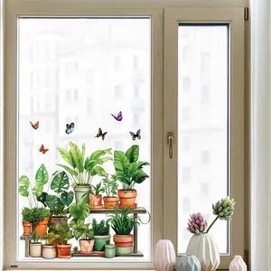Green potted plants and butterflies static window clings for glass home decoration