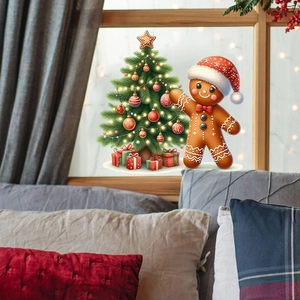 Détail des stickers muraux 3D sapin de Noël et bonhomme de pain d'épices sur fenêtre