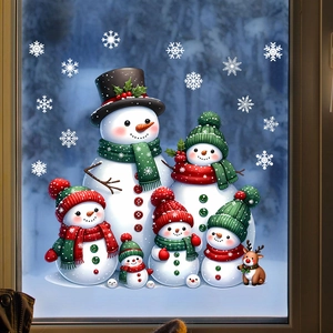 Detailed view of Christmas snowman window stickers on glass with winter scenery background