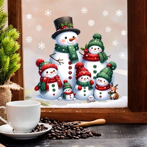 Christmas snowman family window stickers with snowflakes on a cozy winter window scene