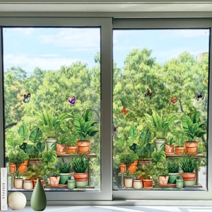 Detail showing potted green plant decals and colorful butterflies on glass windows