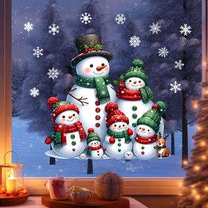 Christmas window stickers set featuring a snowman family and reindeer on glass pane