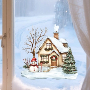 Christmas window sticker showing a watercolor cabin, snowman, and snowy trees on glass
