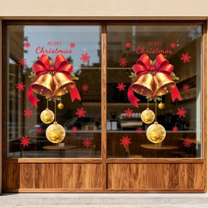Golden Christmas bells window stickers with red bows and snowflakes decoration for glass