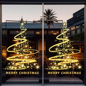 Golden spiral Christmas tree window stickers with Merry Christmas text for glass decor