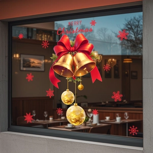 Christmas window static stickers with gold bells red snowflakes and Merry Christmas text