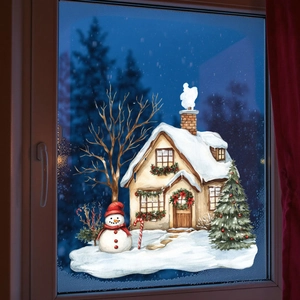 Detail of Christmas window static cling with snow cottage and decorated tree