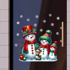 Detailed view of Christmas snowman family and reindeer static stickers on a door