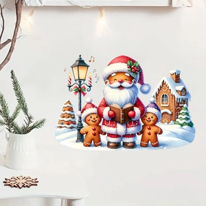 Christmas wall stickers with Santa, gingerbread man and snowy street lamp on white wall
