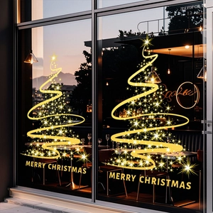 Golden spiral Christmas tree window stickers with stars and Merry Christmas text