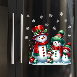 Christmas window stickers featuring a snowman family, reindeer, and white snowflakes