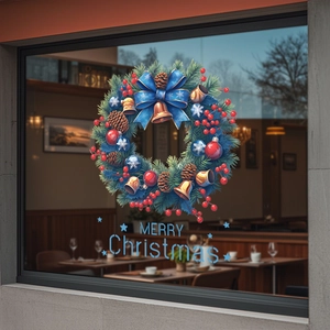 Sticker de fenêtre de Noël avec couronne colorée, cloches et lettrage Merry Christmas