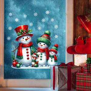 Detail of Christmas static window stickers featuring snowman family and reindeer decals