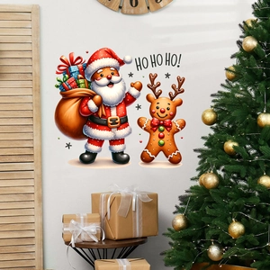 Macro detail of Christmas wall decal with Santa and gingerbread reindeer for home decor
