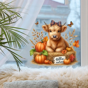 Autumn highland cow window decal with pumpkins and maple leaves for home decoration
