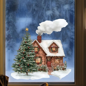 Christmas window sticker featuring a snow-covered cabin and festive tree for holiday decor