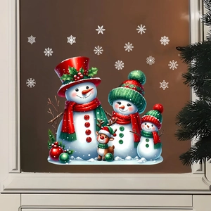 Detailed view of Christmas snowman family and reindeer static window stickers on glass