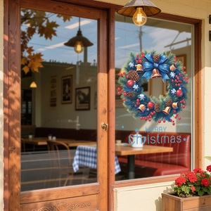 Sticker de fenêtre couronne de Noël avec nœud bleu et cloches pour décor de vitre
