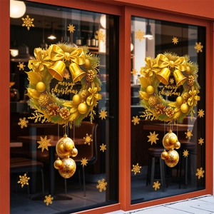Golden Christmas wreath and snowflake static window stickers for festive glass decoration