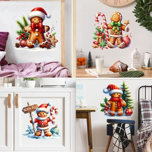 Christmas Gingerbread Man Wall Stickers Waterproof PVC Removable Decals Christmas Tree Snowman For Living Room Holiday Decor