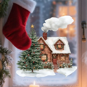 Christmas window cling showing cozy snowy cabin and decorated tree in festive setting
