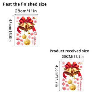 Detailed size chart for Christmas bell and snowflake window stickers in gold finish