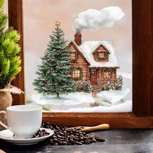 Christmas tree and snowy house static window cling displayed on a wooden window frame