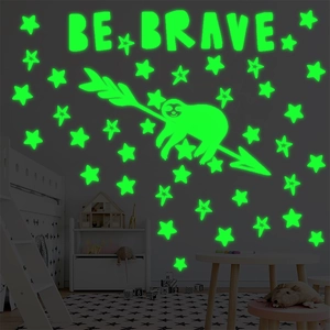 Luminous wall stickers with sloth, stars and 'BE BRAVE' text for kids room glowing in dark