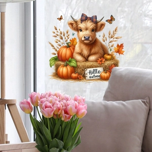 Fall static window cling featuring a cute highland cow with autumn pumpkins and maple leaves