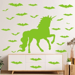Luminous unicorn and bat wall stickers set in fluorescent green for home wall decoration
