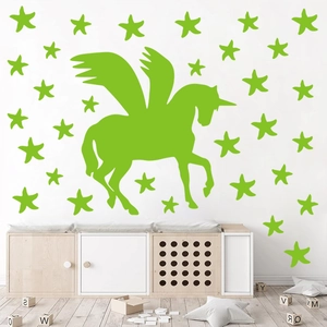 Luminous unicorn and stars wall stickers for kids bedroom decor in glowing green