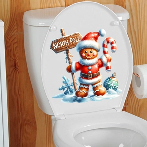 Festive Christmas gingerbread man toilet seat sticker with North Pole sign and blue snowflakes