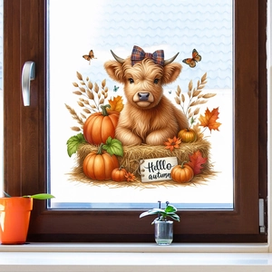 Cozy autumn window decal featuring a highland cow with pumpkins, maple leaves and hello autumn