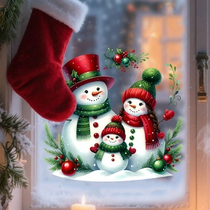 Detail of Christmas snowman family static window sticker with festive red holiday decor