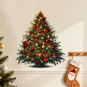 3D Christmas tree wall sticker with red baubles and golden bells for living room decor