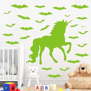 Luminous green unicorn and bats wall stickers for nursery and children's room decoration