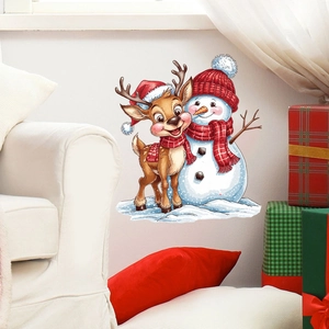 Christmas wall stickers with cartoon reindeer and snowman in a cozy living room scene