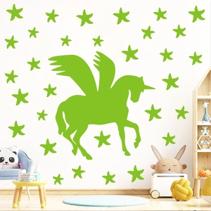 Luminous unicorn and stars wall decal for kids' room decoration in vibrant green color