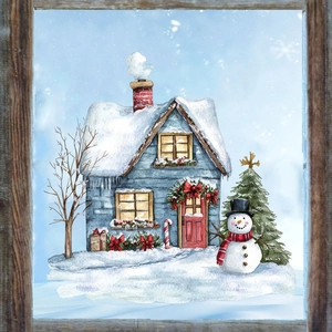 Macro detail of watercolor Christmas cabin sticker with snowman and tree on wood frame
