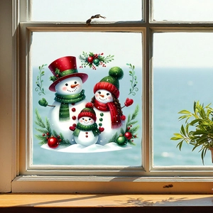 Christmas snowman family window stickers with festive holiday decorations on a white frame