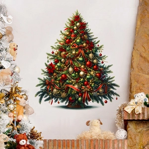 Self-adhesive Christmas tree wall sticker with red baubles and golden bells for home decor