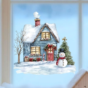 Static cling Christmas window decals featuring a snowy blue cottage, snowman, and tree