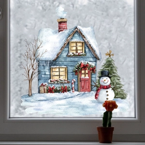 Detail of static Christmas window stickers showing a cozy snow cabin and festive snowman