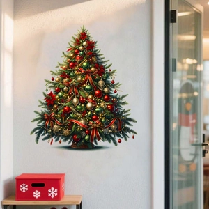 Detailed Christmas tree wall sticker with red bows and gold ornaments on white wall