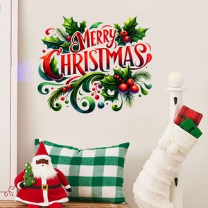 Merry Christmas self-adhesive wall decal with holly leaves and red berries on white wall