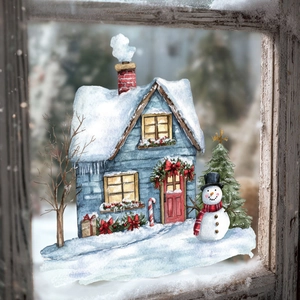 Close-up of watercolor snowman and snowy house static Christmas window stickers on glass