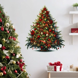 Detailed view of Christmas tree wall sticker with bows and ornaments in home setting